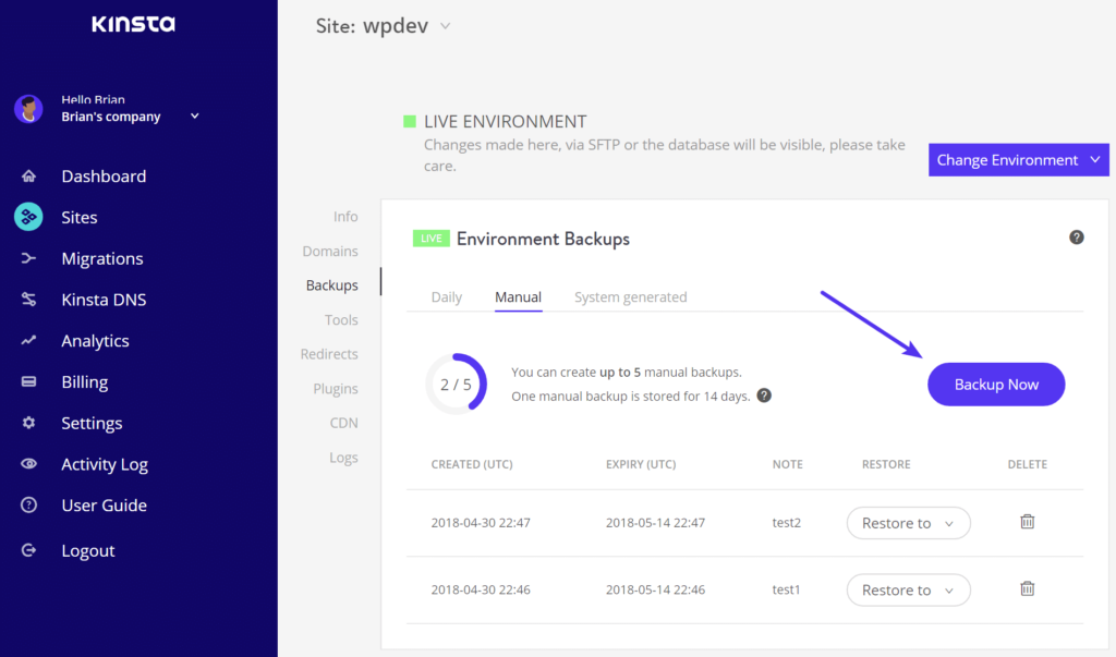 Creating backups on Kinsta